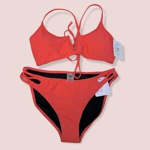 NWT two piece swimsuit orange coral punch adjustab
